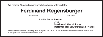 Traueranzeige von Ferdinand Regensburger von Gesamtausgabe Nürnberger Nachrichten/ Nürnberger Ztg.