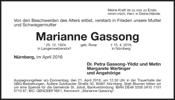 Traueranzeige von Marianne Gassong von Gesamtausgabe Nürnberger Nachrichten/ Nürnberger Ztg./ Erlanger Nachrichten