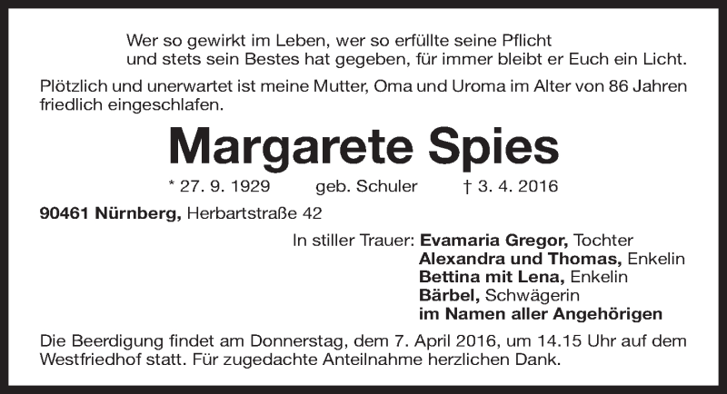  Traueranzeige für Margarete Spies vom 05.04.2016 aus Gesamtausgabe Nürnberger Nachrichten/ Nürnberger Ztg.