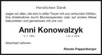 Traueranzeige von Anni Konowalzyk von Gesamtausgabe Nürnberger Nachrichten/ Nürnberger Ztg.