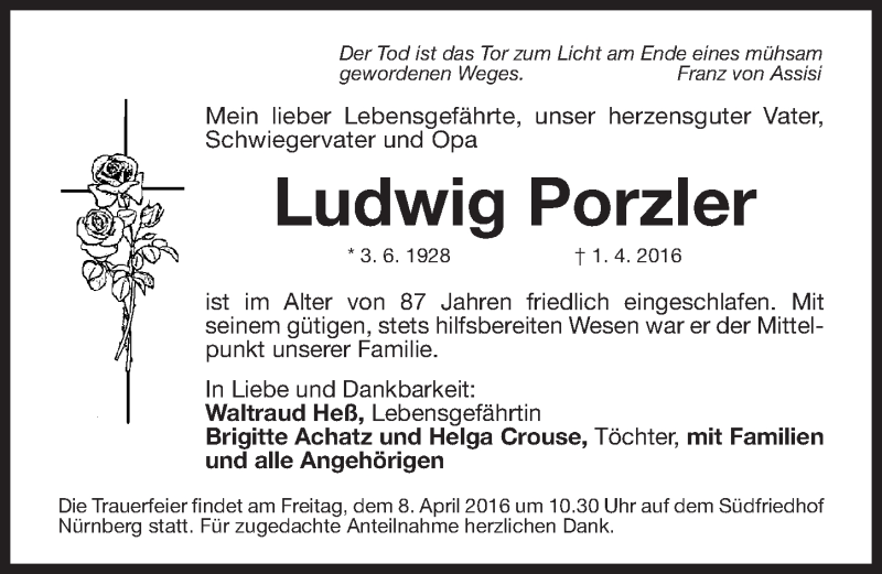  Traueranzeige für Ludwig Porzler vom 04.04.2016 aus Gesamtausgabe Nürnberger Nachrichten/ Nürnberger Ztg.