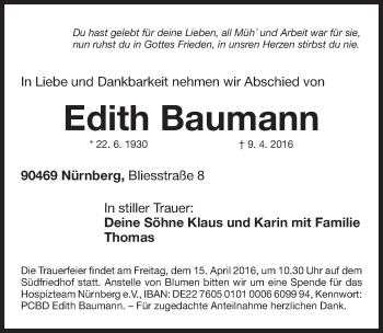 Traueranzeige von Edith Baumann von Gesamtausgabe Nürnberger Nachrichten/ Nürnberger Ztg.