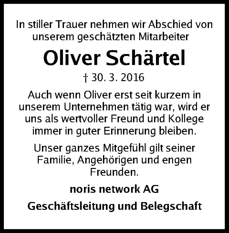 Traueranzeige für Oliver Schärtel vom 28.04.2016 aus Gesamtausgabe Nürnberger Nachrichten/ Nürnberger Ztg.