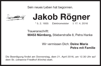 Traueranzeige von Jakob Rögner von Gesamtausgabe Nürnberger Nachrichten/ Nürnberger Ztg.