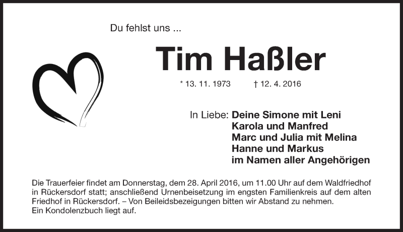  Traueranzeige für Tim Haßler vom 26.04.2016 aus Gesamtausgabe Nürnberger Nachrichten/ Nürnberger Ztg.