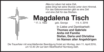 Traueranzeige von Magdalena Tisch von Gesamtausgabe Nürnberger Nachrichten/ Nürnberger Ztg.