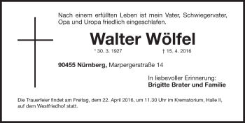Traueranzeige von Walter Wölfel von Gesamtausgabe Nürnberger Nachrichten/ Nürnberger Ztg.