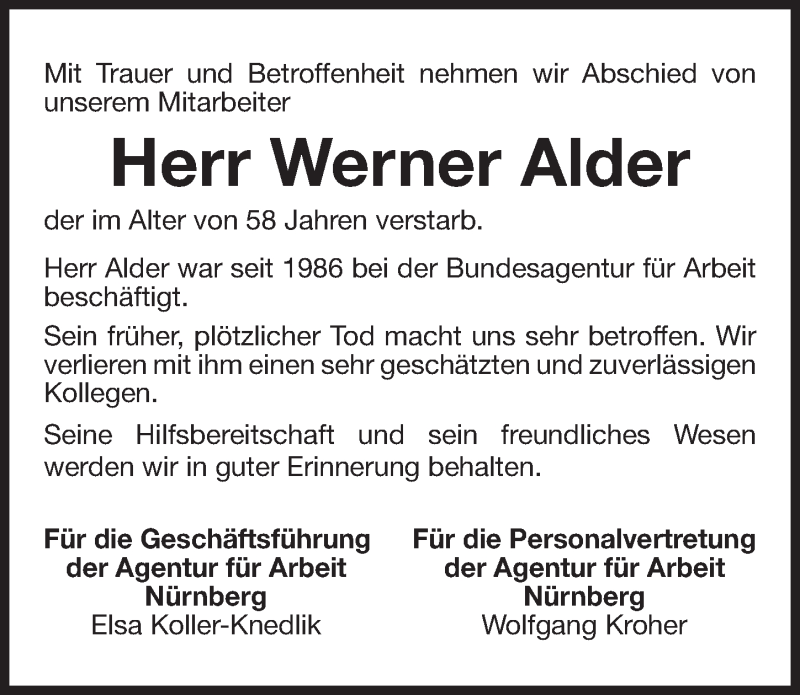  Traueranzeige für Werner Alder vom 29.04.2016 aus Fürther Nachrichten Lokal