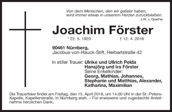 Traueranzeige von Joachim Förster von Gesamtausgabe Nürnberger Nachrichten/ Nürnberger Ztg.