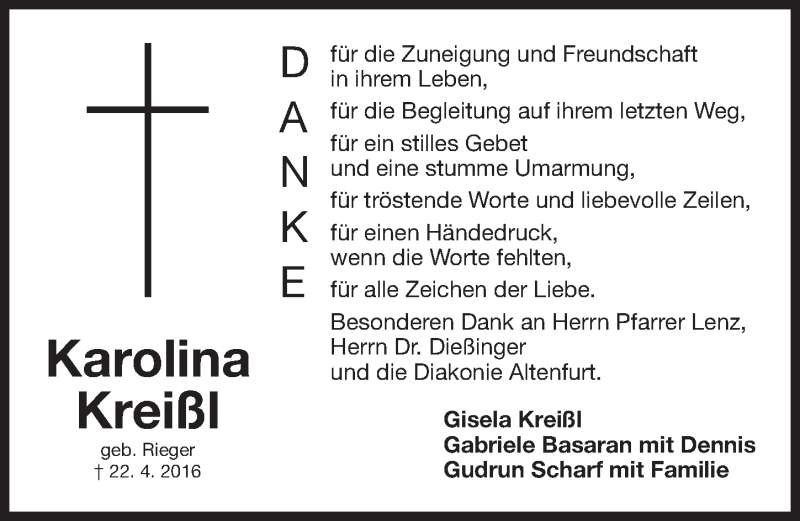  Traueranzeige für Karolina Kreißl vom 30.04.2016 aus Gesamtausgabe Nürnberger Nachrichten/ Nürnberger Ztg.