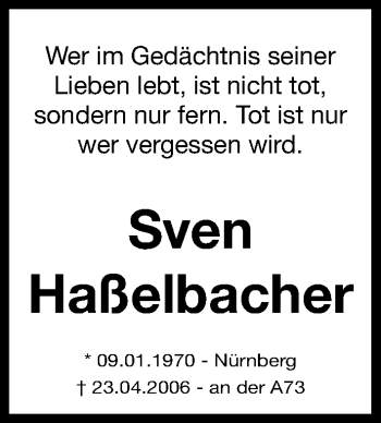 Traueranzeige von Sven Haßelbacher von Gesamtausgabe Nürnberger Nachrichten/ Nürnberger Ztg.