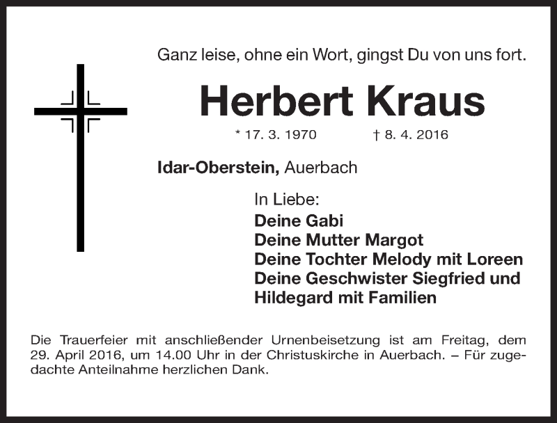 Traueranzeige für Herbert Kraus vom 23.04.2016 aus Nordbayerische Nachrichten Pegnitz Lokal