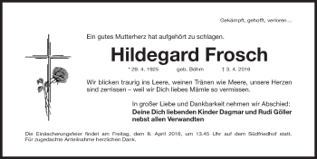Traueranzeige von Hildegard Frosch von Gesamtausgabe Nürnberger Nachrichten/ Nürnberger Ztg.