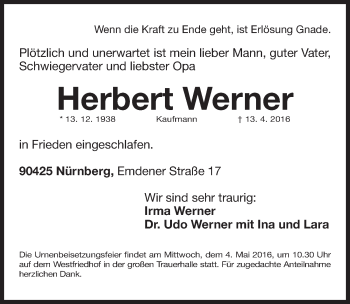 Traueranzeige von Herbert Werner von Gesamtausgabe Nürnberger Nachrichten/ Nürnberger Ztg.