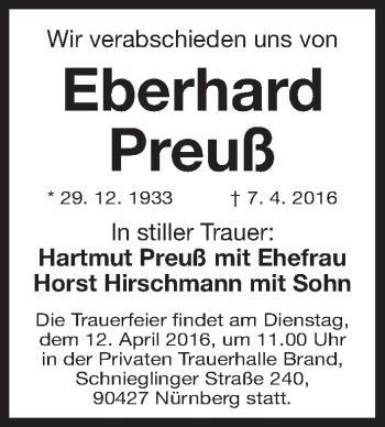 Traueranzeige von Eberhard Preuß von Gesamtausgabe Nürnberger Nachrichten/ Nürnberger Ztg.