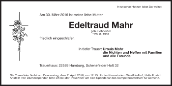 Traueranzeige von Edeltraud Mahr von Gesamtausgabe Nürnberger Nachrichten/ Nürnberger Ztg.