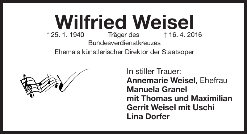  Traueranzeige für Wilfried Weisel vom 23.04.2016 aus Gesamtausgabe Nürnberger Nachrichten/ Nürnberger Ztg.
