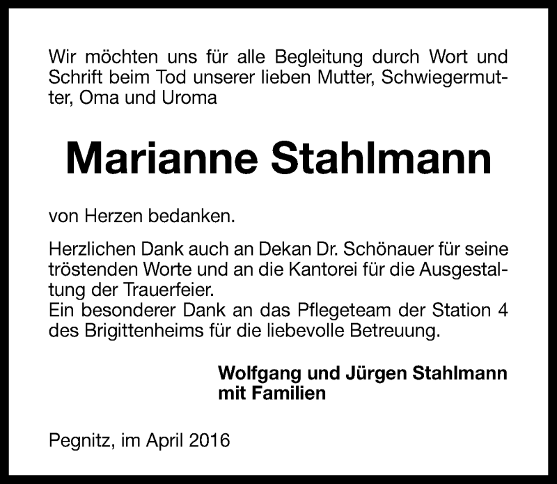  Traueranzeige für Marianne Stahlmann vom 13.04.2016 aus Nordbayerische Nachrichten Pegnitz Lokal