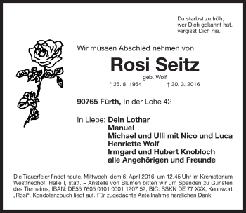 Traueranzeige von Rosi Seitz von Gesamtausgabe Nürnberger Nachrichten/ Nürnberger Ztg.