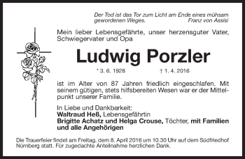 Traueranzeige von Ludwig Porzler von Gesamtausgabe Nürnberger Nachrichten/ Nürnberger Ztg.