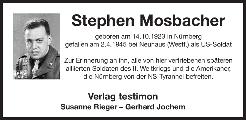  Traueranzeige für Stephen Mosbacher vom 02.04.2016 aus Gesamtausgabe Nürnberger Nachrichten/ Nürnberger Ztg.