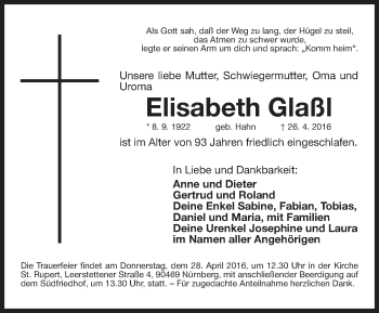 Traueranzeige von Elisabeth Glaßl von Gesamtausgabe Nürnberger Nachrichten/ Nürnberger Ztg.