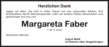 Traueranzeige von Margareta Faber von Gesamtausgabe Nürnberger Nachrichten/ Nürnberger Ztg.