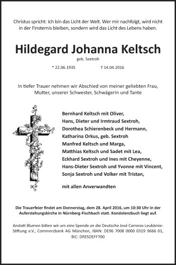 Traueranzeige von Hildegard Johanna Keltsch von Gesamtausgabe Nürnberger Nachrichten/ Nürnberger Ztg.