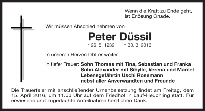  Traueranzeige für Peter Düssil vom 06.04.2016 aus Gesamtausgabe Nürnberger Nachrichten/ Nürnberger Ztg.