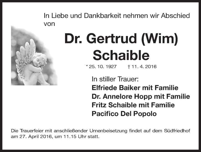  Traueranzeige für Gertrud Schaible vom 23.04.2016 aus Gesamtausgabe Nürnberger Nachrichten/ Nürnberger Ztg.