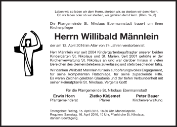 Traueranzeige von Willibald Männlein von Nordbayerische Nachrichten Forchheim Lokal