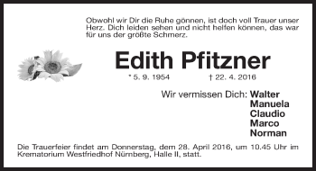 Traueranzeige von Edith Pfitzner von Gesamtausgabe Nürnberger Nachrichten/ Nürnberger Ztg.