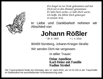 Traueranzeige von Johann Rößler von Gesamtausgabe Nürnberger Nachrichten/ Nürnberger Ztg.