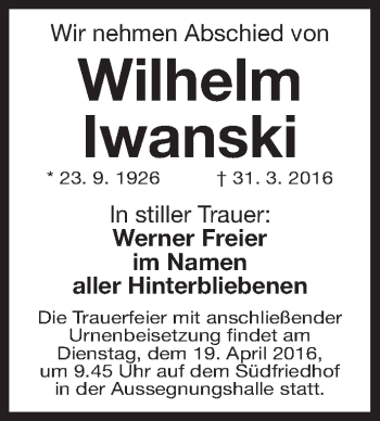 Traueranzeige von Wilhelm Iwanski von Gesamtausgabe Nürnberger Nachrichten/ Nürnberger Ztg.