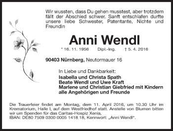 Traueranzeige von Anni Wendl von Gesamtausgabe Nürnberger Nachrichten/ Nürnberger Ztg.