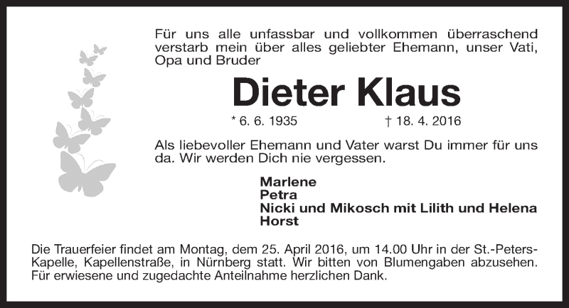  Traueranzeige für Dieter Klaus vom 23.04.2016 aus Gesamtausgabe Nürnberger Nachrichten/ Nürnberger Ztg.