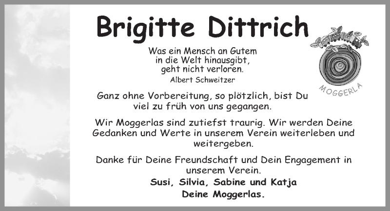  Traueranzeige für Brigitte Dittrich vom 16.04.2016 aus Fürther Nachrichten Lokal