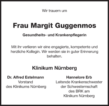 Traueranzeige von Margit Guggenmos von Gesamtausgabe Nürnberger Nachrichten/ Nürnberger Ztg.