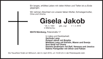 Traueranzeige von Gisela Jakob von Gesamtausgabe Nürnberger Nachrichten/ Nürnberger Ztg.