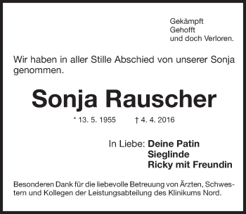 Traueranzeige von Sonja Rauscher von Gesamtausgabe Nürnberger Nachrichten/ Nürnberger Ztg.