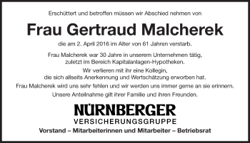 Traueranzeige von Gertraud Malcherek von Gesamtausgabe Nürnberger Nachrichten/ Nürnberger Ztg.