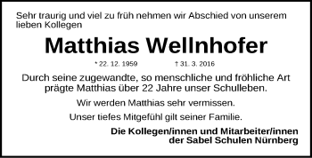 Traueranzeige von Matthias Wellnhofer von Gesamtausgabe Nürnberger Nachrichten/ Nürnberger Ztg.