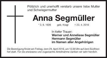 Traueranzeige von Anna Segmüller von Gesamtausgabe Nürnberger Nachrichten/ Nürnberger Ztg.