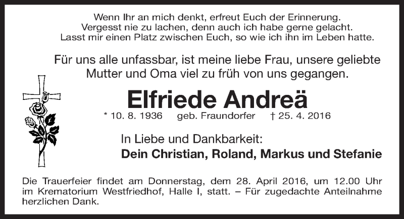  Traueranzeige für Elfriede Andreä vom 27.04.2016 aus Gesamtausgabe Nürnberger Nachrichten/ Nürnberger Ztg.