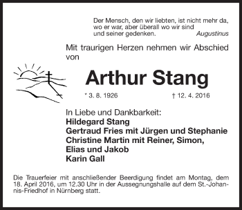 Traueranzeige von Arthur Stang von Gesamtausgabe Nürnberger Nachrichten/ Nürnberger Ztg.
