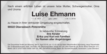 Traueranzeige von Luise Ehmann von Gesamtausgabe Nürnberger Nachrichten/ Nürnberger Ztg.