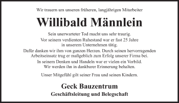 Traueranzeige von Willibald Männlein von Nordbayerische Nachrichten Forchheim Lokal