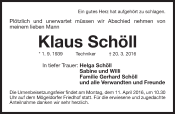 Traueranzeige von Klaus Schöll von Gesamtausgabe Nürnberger Nachrichten/ Nürnberger Ztg.