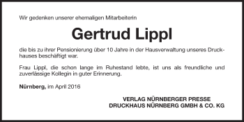 Traueranzeige von Gertrud Lippl von Gesamtausgabe Nürnberger Nachrichten/ Nürnberger Ztg.