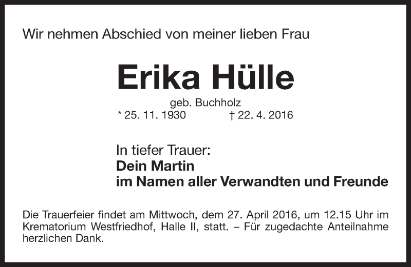  Traueranzeige für Erika Hülle vom 25.04.2016 aus Gesamtausgabe Nürnberger Nachrichten/ Nürnberger Ztg.
